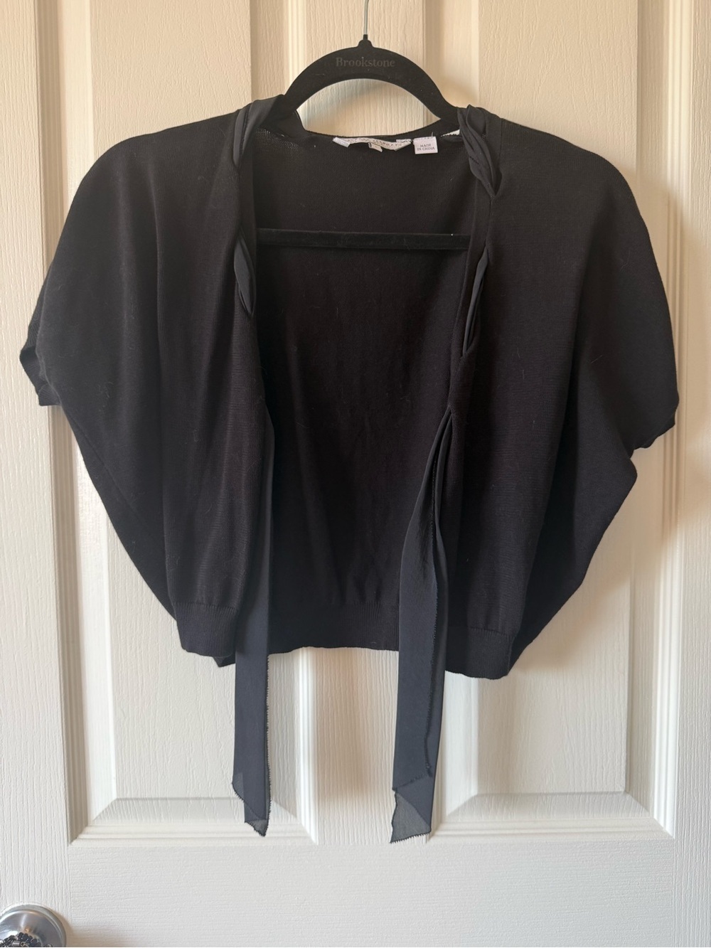 Audrey Talbott Carmel Black Cropped Cardigan Shrug Tie Front Supima Cotton L
